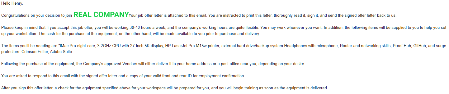 My congratulations email from the job scam